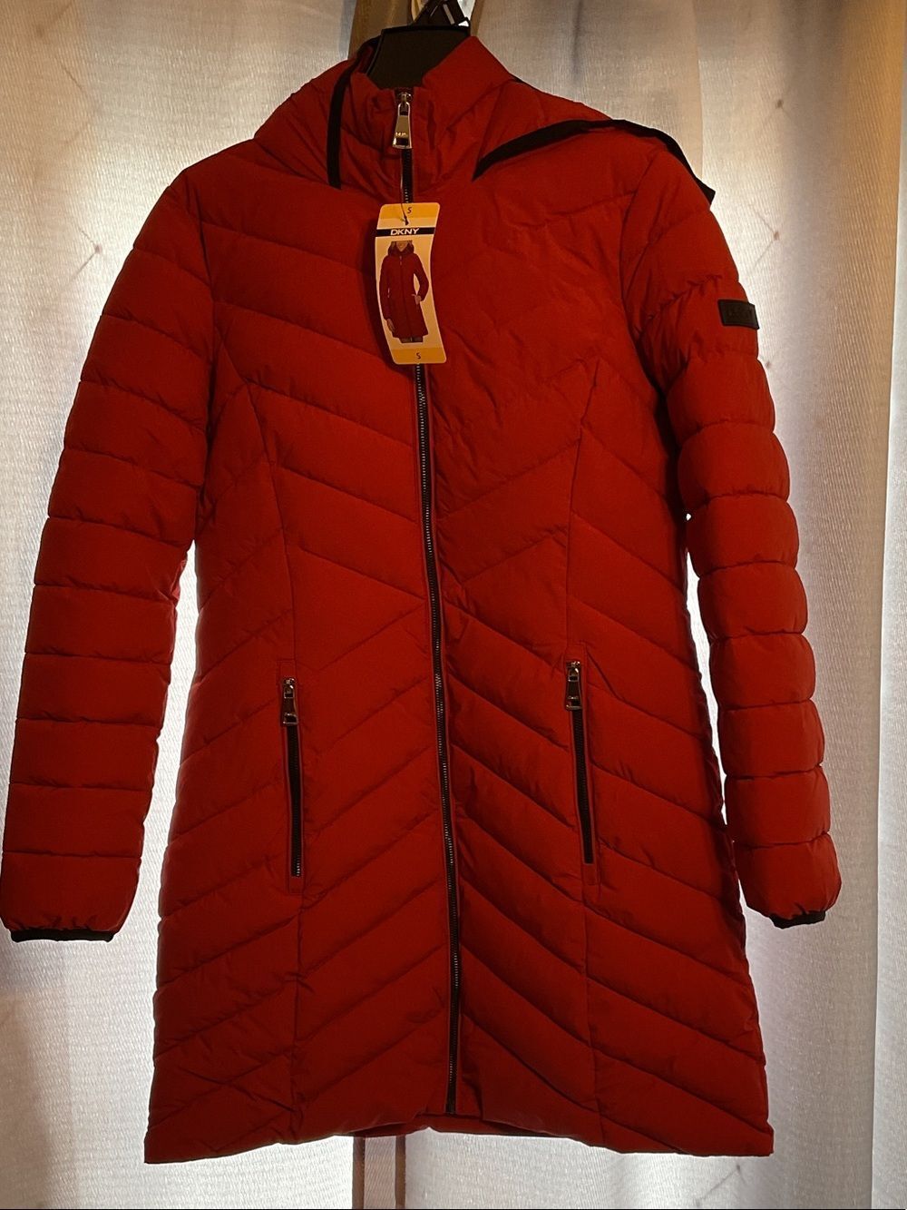 Burnt Orange Quilted Long Puffer Coat with Hood